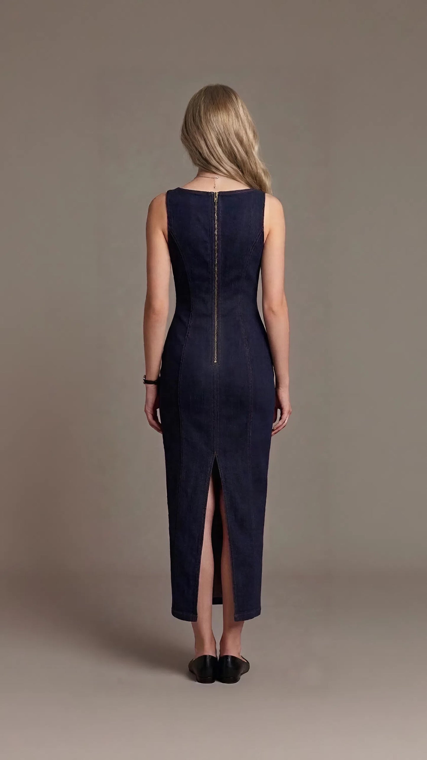 Dark Blue Denim Sleeveless Maxi Dress