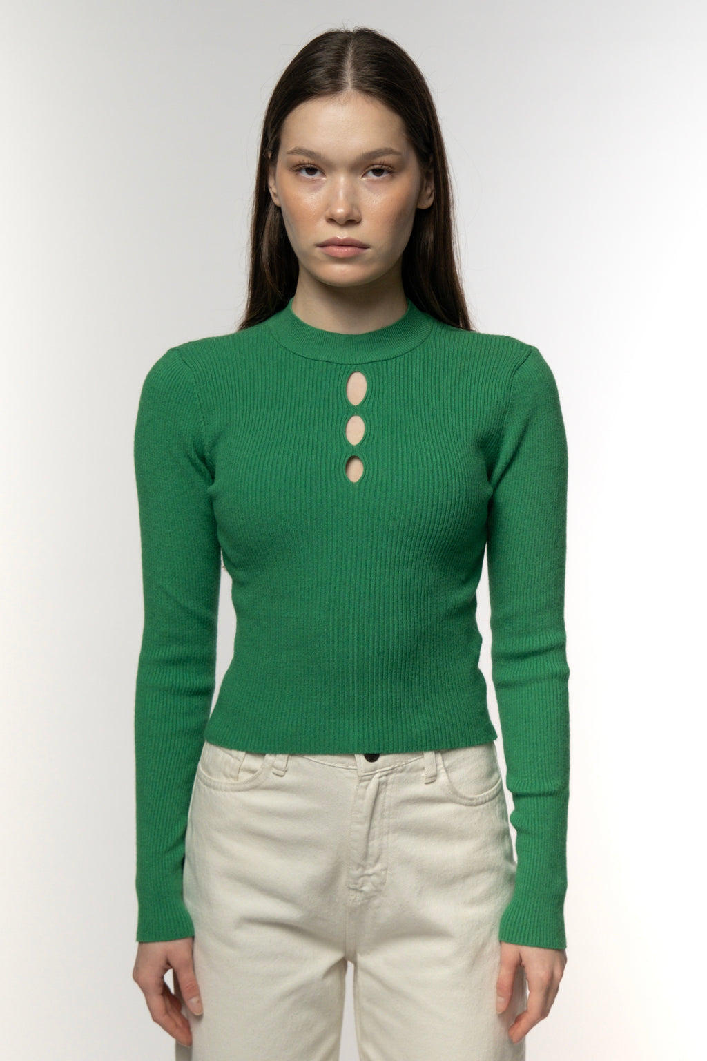Green Cutout Ribbed Sweater