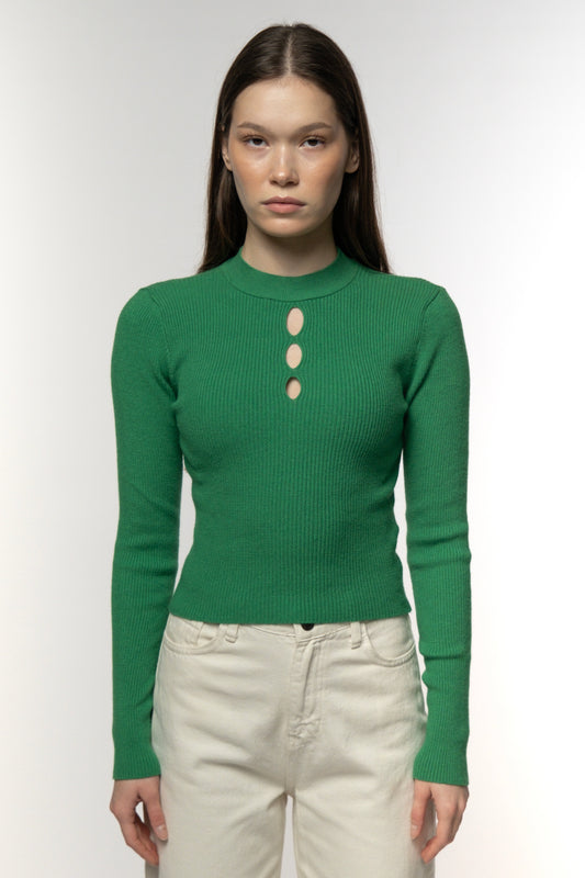Green Cutout Ribbed Sweater