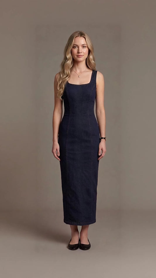 Dark Blue Denim Sleeveless Maxi Dress