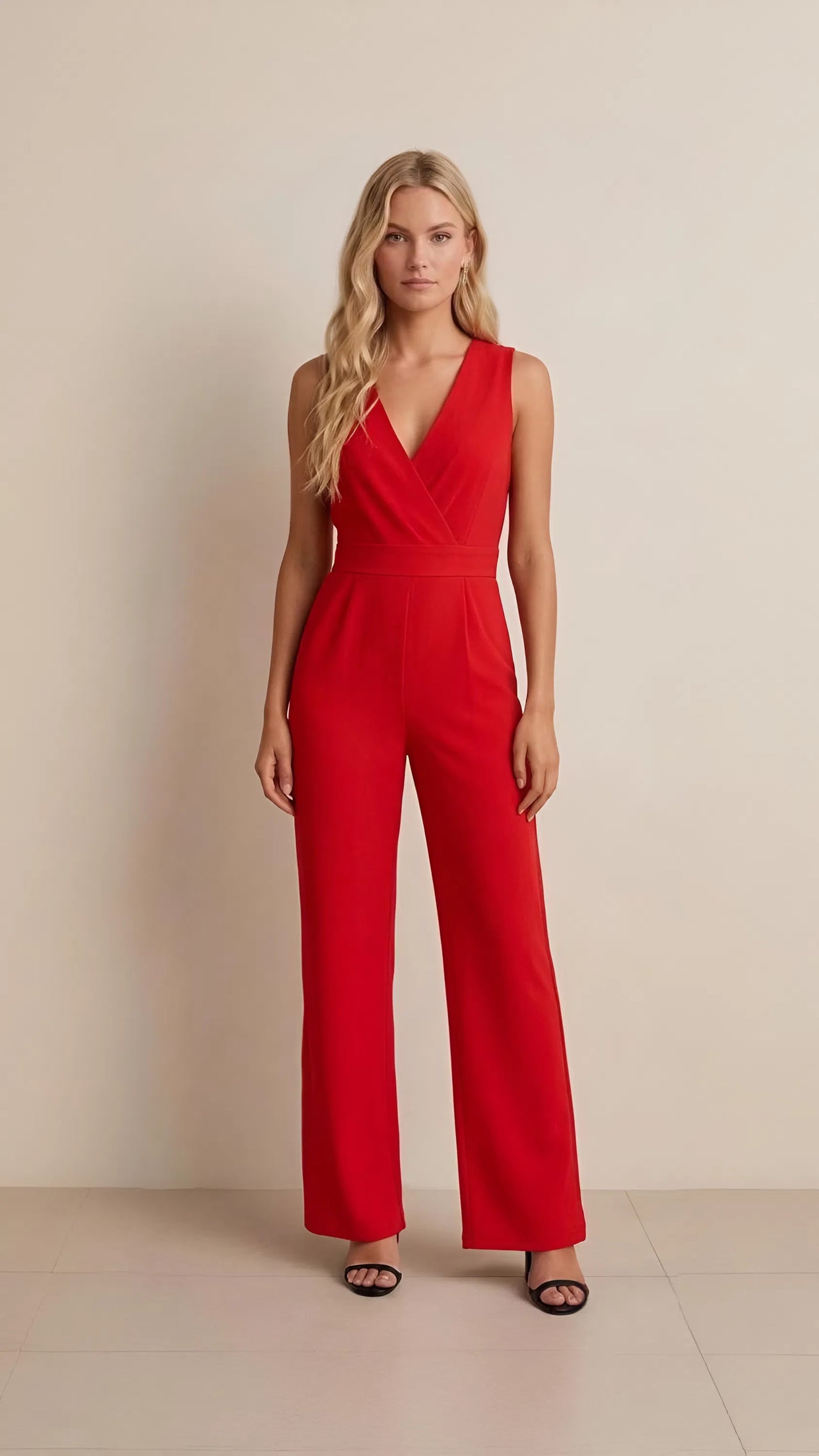 Red Scarlet Plunge Wide-Leg Jumpsuit