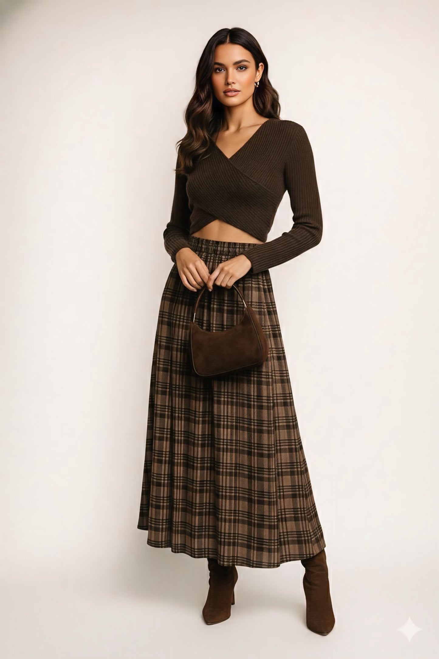 Brown Checkered Pleated Skirt