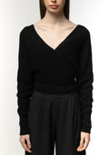 Black Ribbed Wrap-Front Sweater