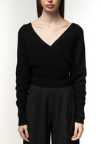 Black Ribbed Wrap-Front Sweater