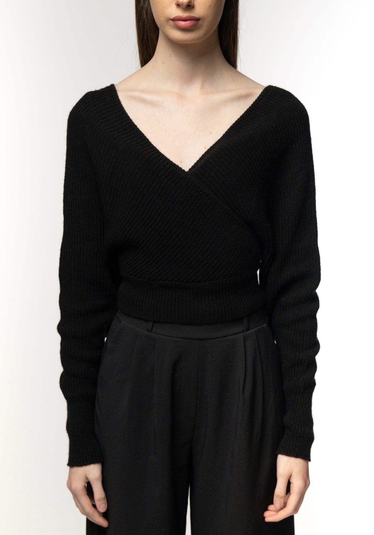 Black Ribbed Wrap-Front Sweater