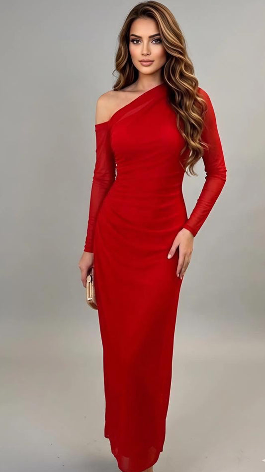 Red One-Shoulder Ruched Maxi Dress