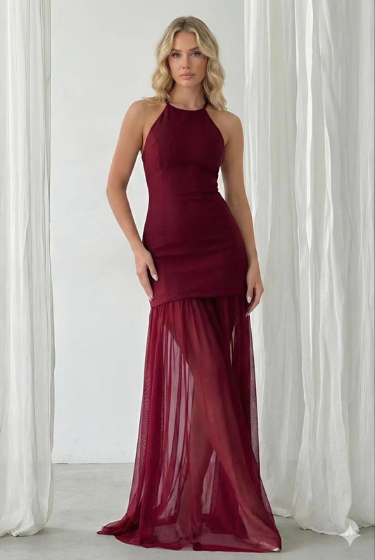 Burgundy Mesh Panel Maxi Dress