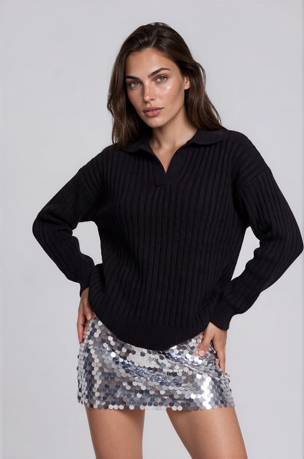 Black Ribbed Polo Collar Pullover