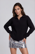 Black Ribbed Polo Collar Pullover