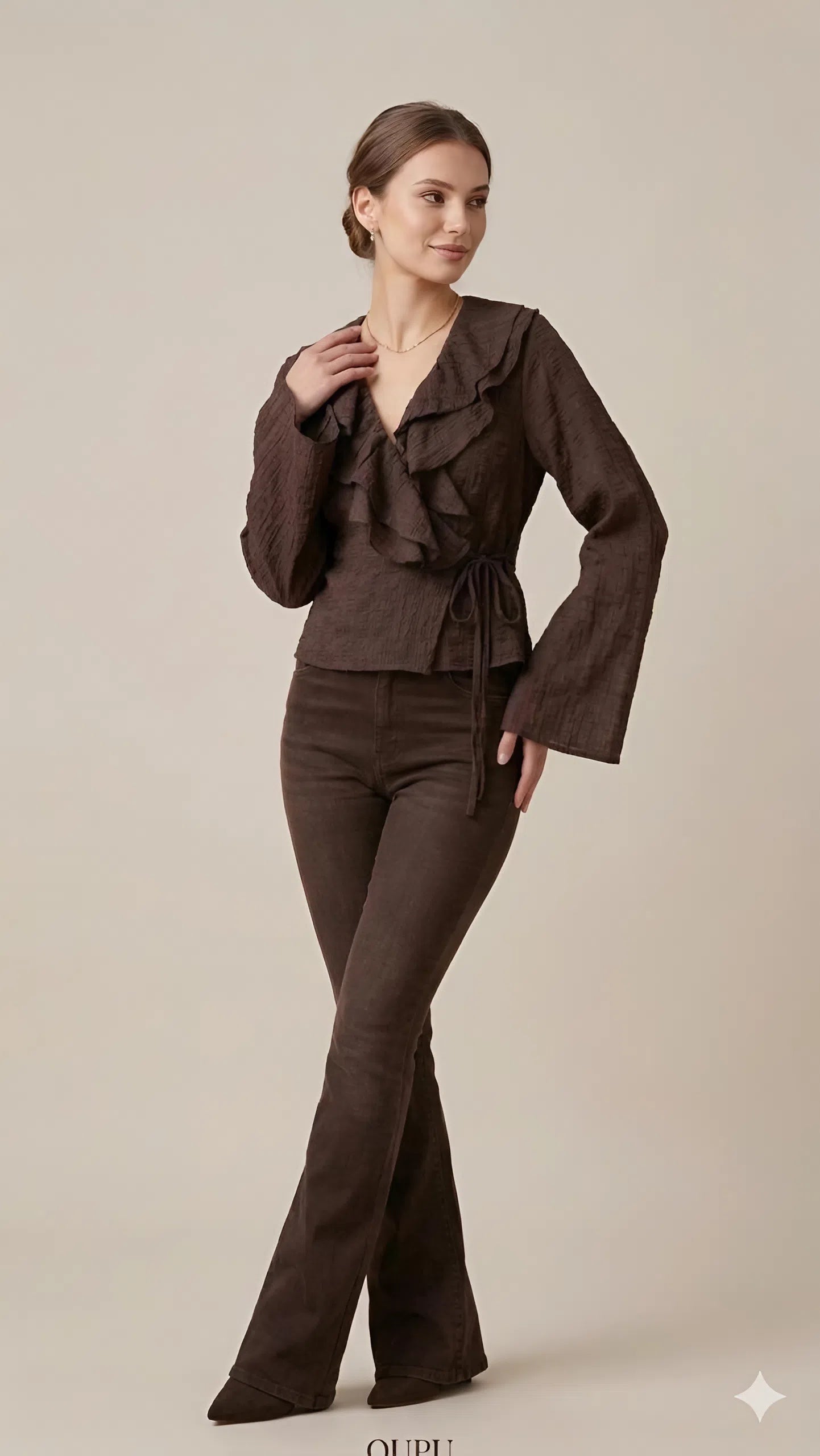 Chocolate Sheer Ruffle Blouse