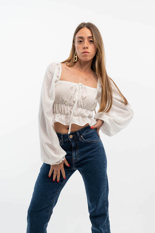 White Polka Dot Ruffle Sleeve Top