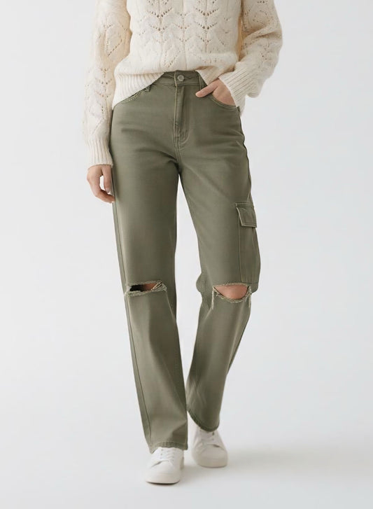 Olive Distressed Wide-Leg Jeans