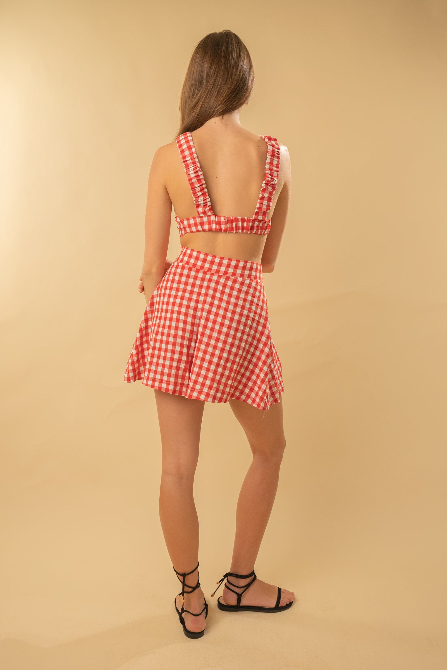 Red And White Checked Top And Skirt Set