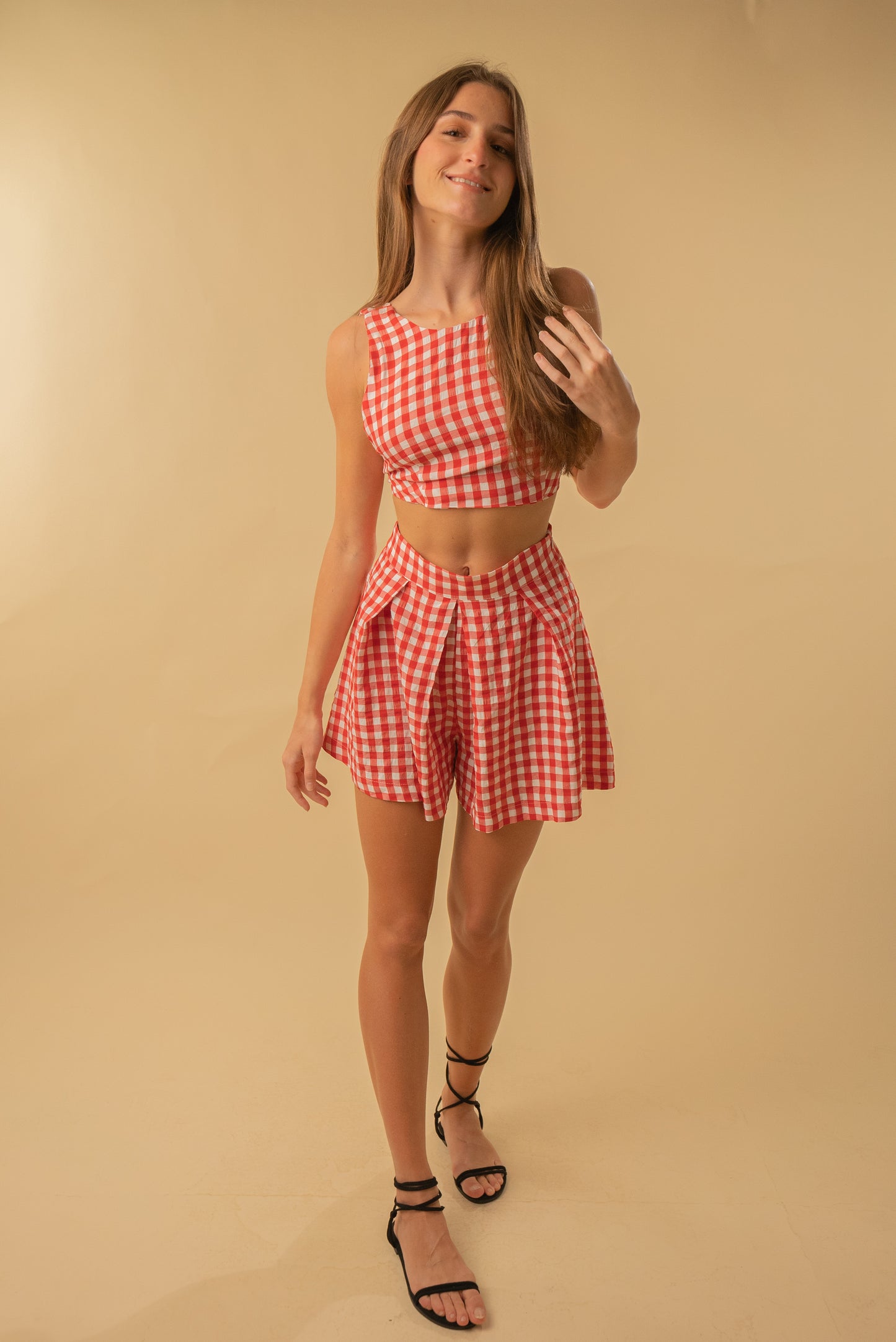 Red And White Checked Top And Skirt Set