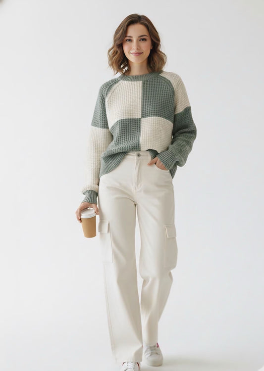 Teal green and off white pullover