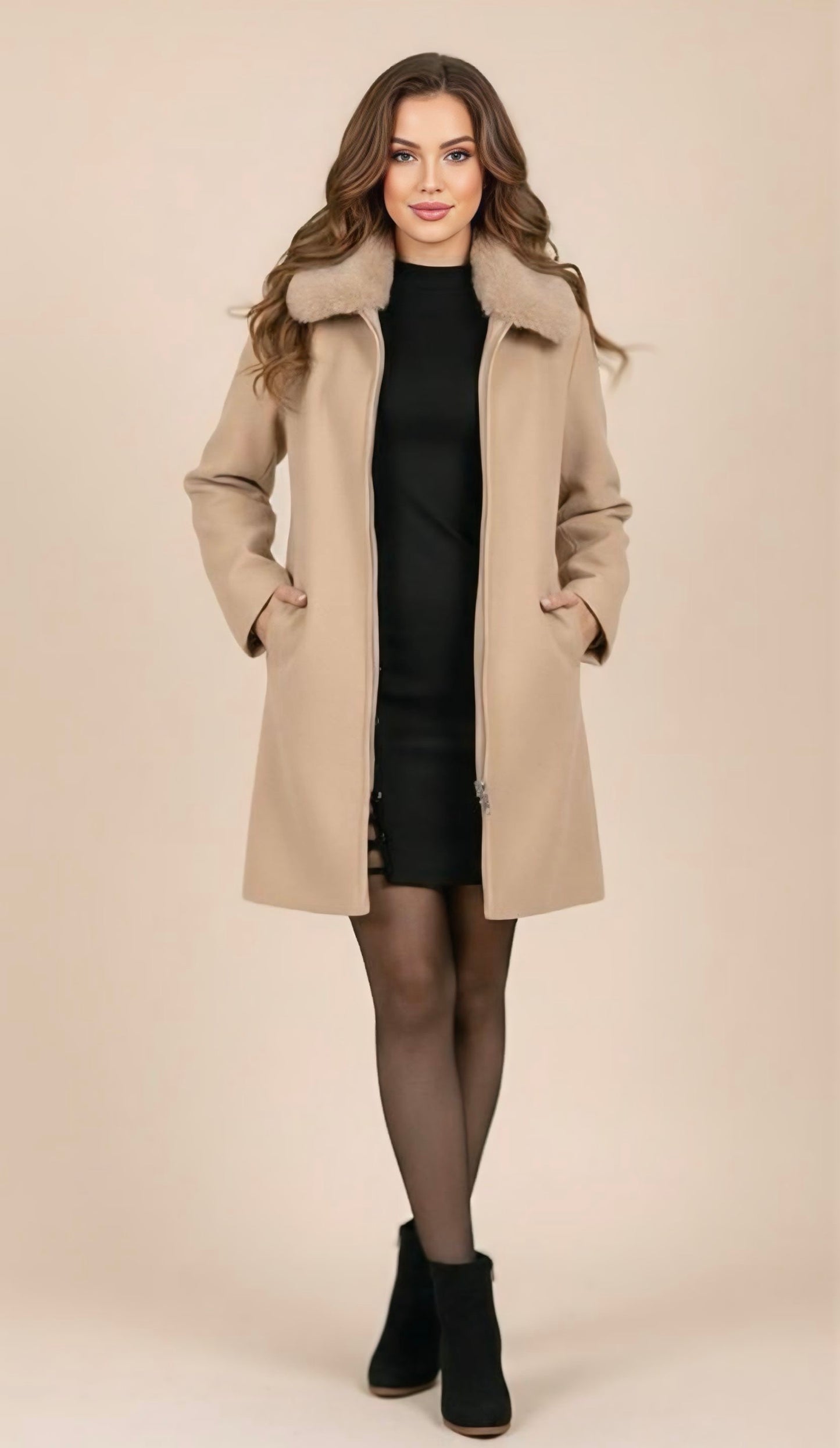 Beige Faux Fur-Collar Zip Coat