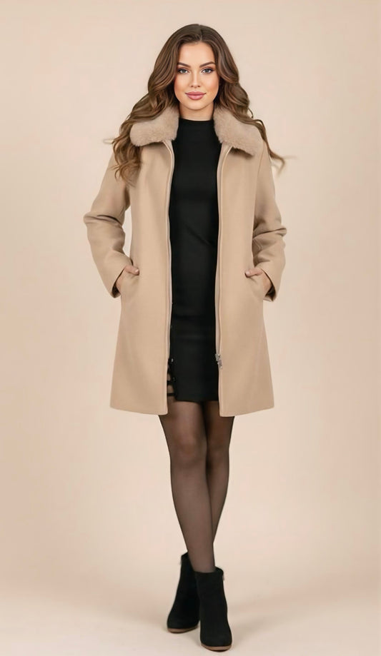 Beige Faux Fur-Collar Zip Coat