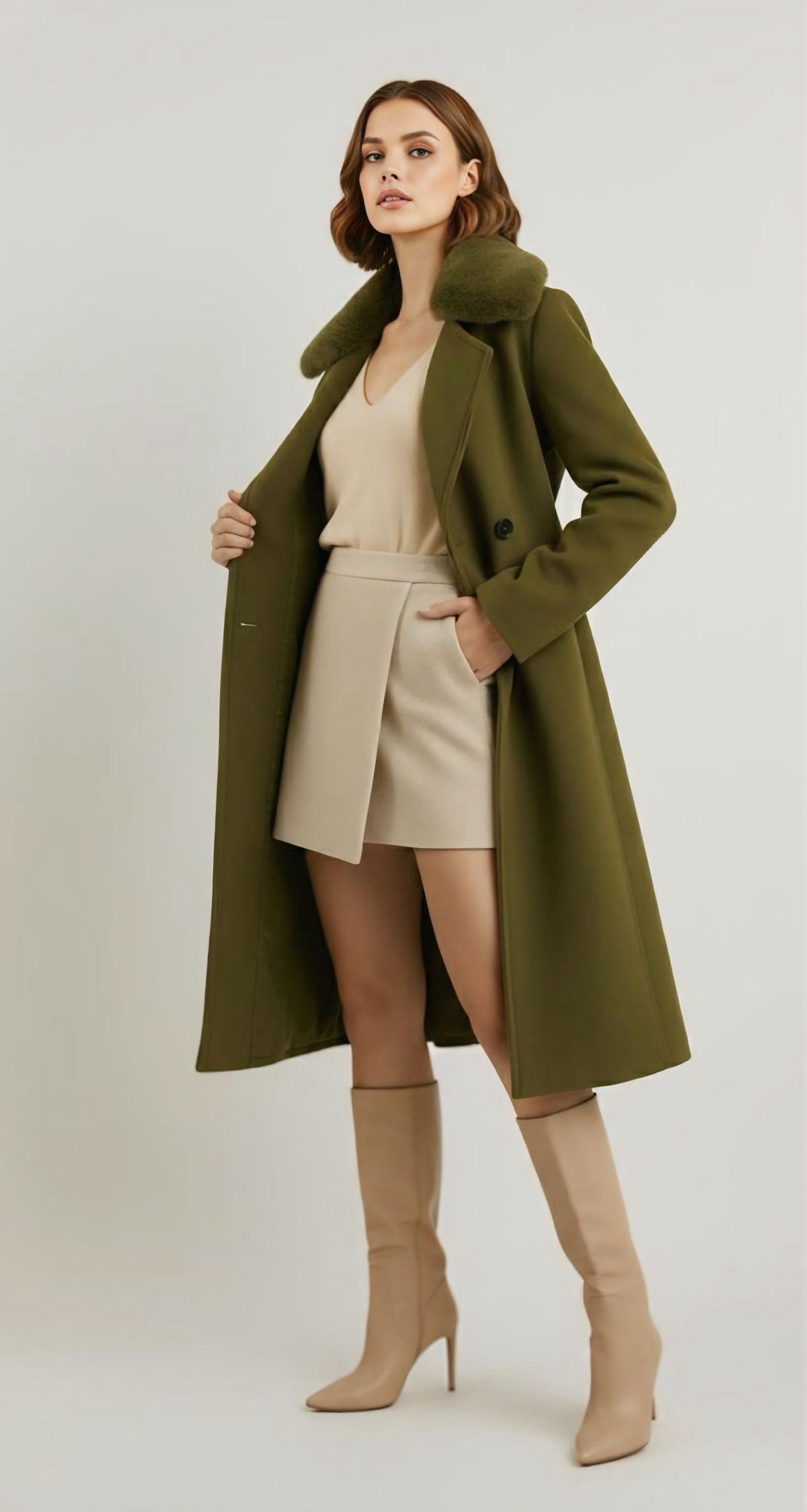 Double-Breasted Wool Coat with Faux Fur Collar