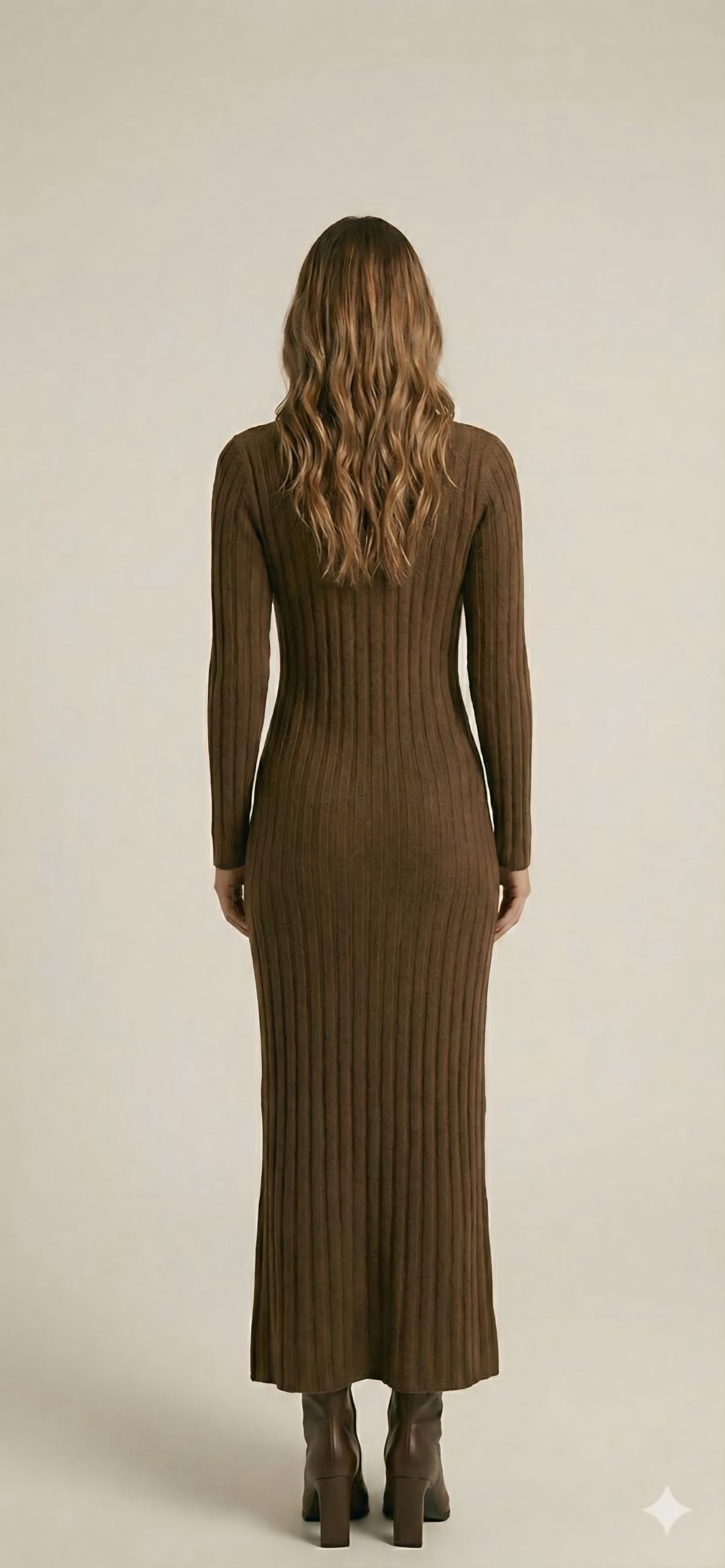 Brown Ribbed Knit Midi Dress