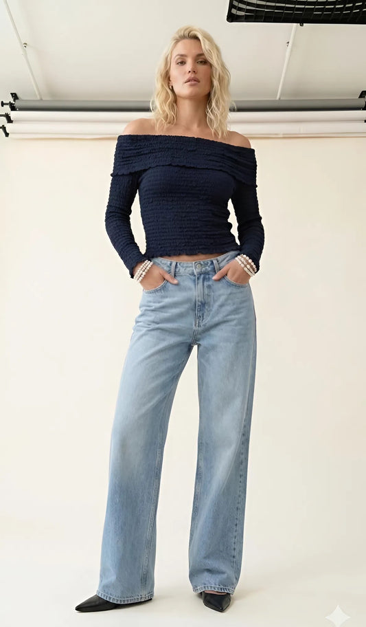 Dark Blue Textured Off-Shoulder Top