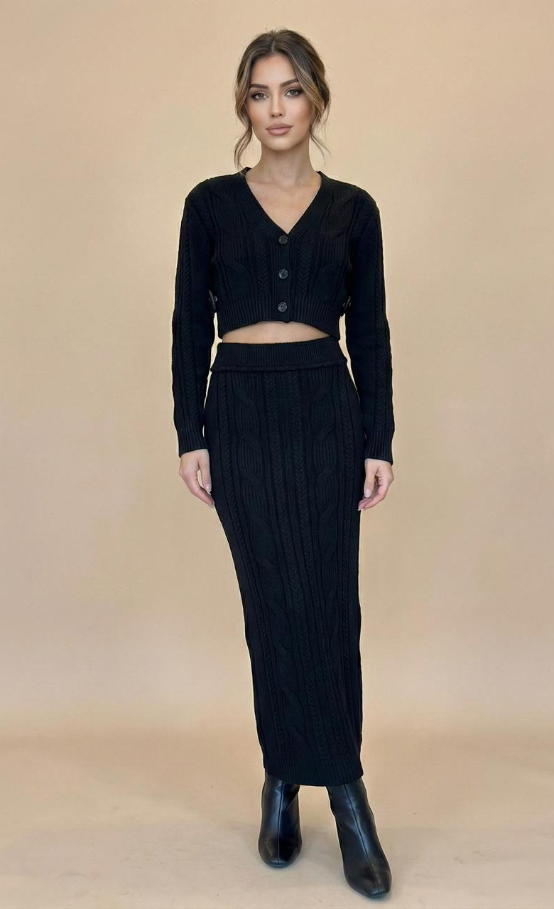 Black Ribbed Knitted Cardigan & Skirt Set