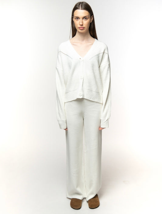 White Knit Set with Cardigan and Pants