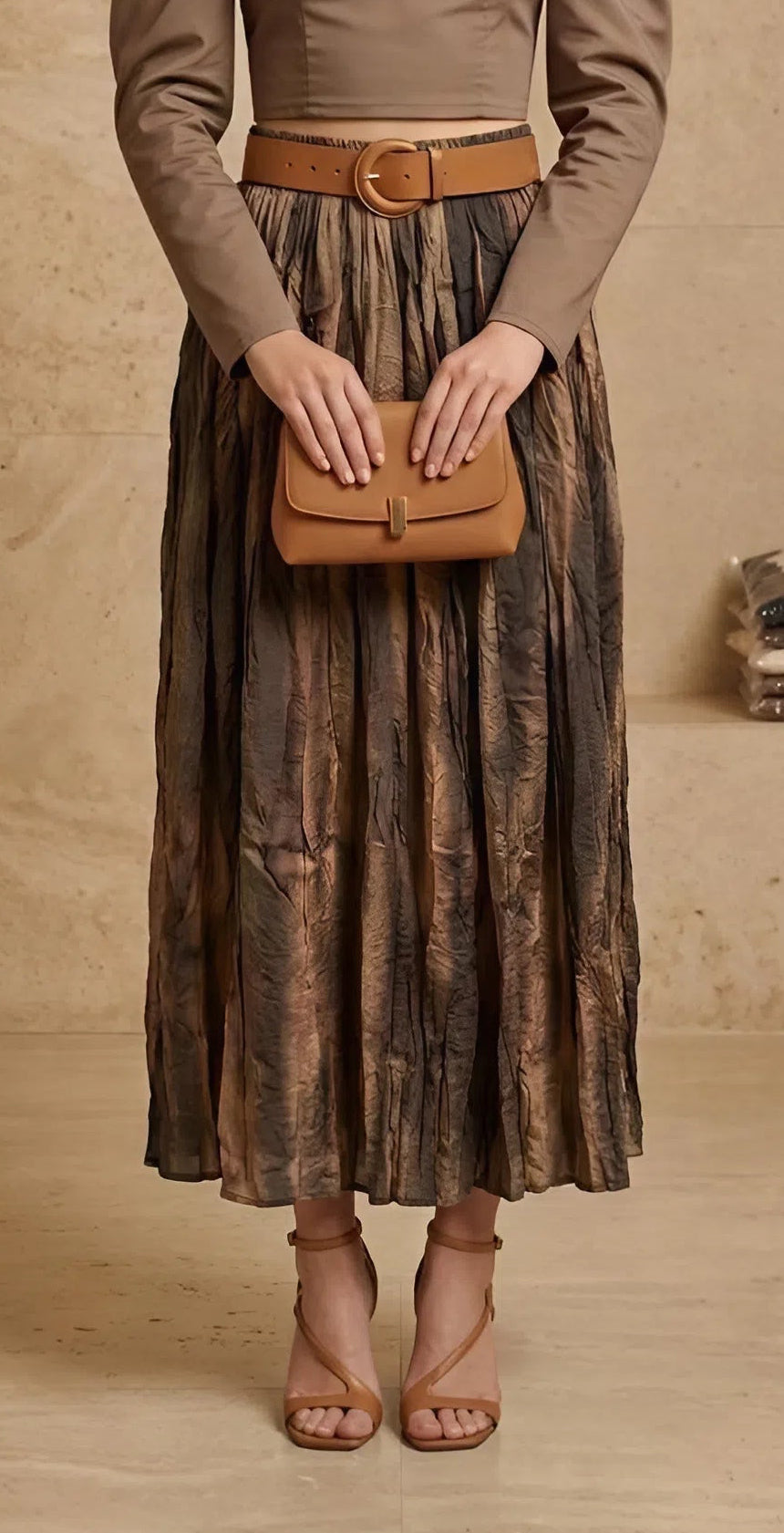 Olive Crinkled Maxi Skirt with Belt