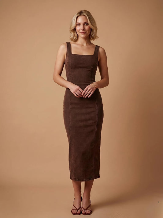 Brown Denim Sleeveless Maxi Dress