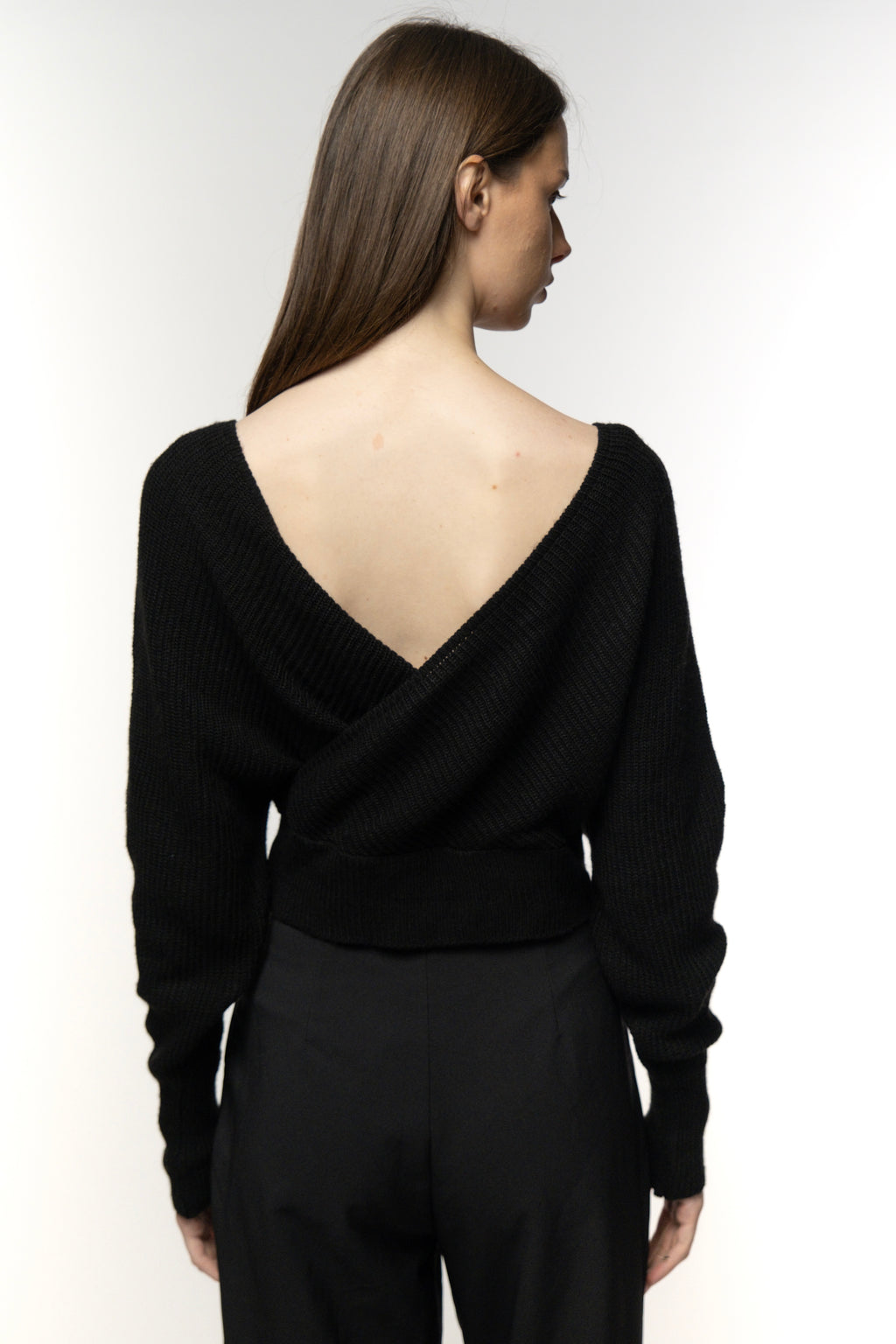 Black Ribbed Wrap-Front Sweater