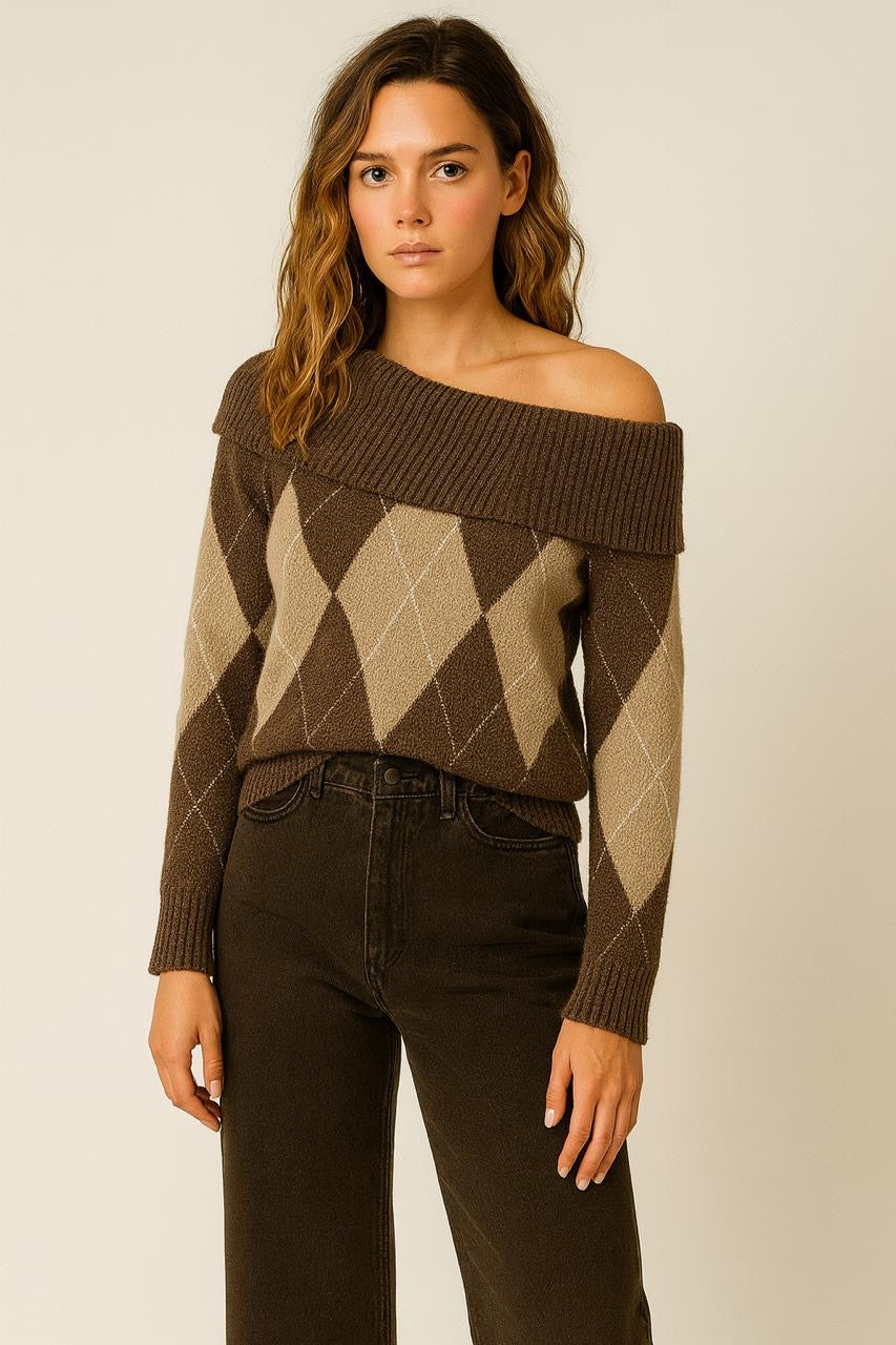 Brown Argyle Knit Sweater