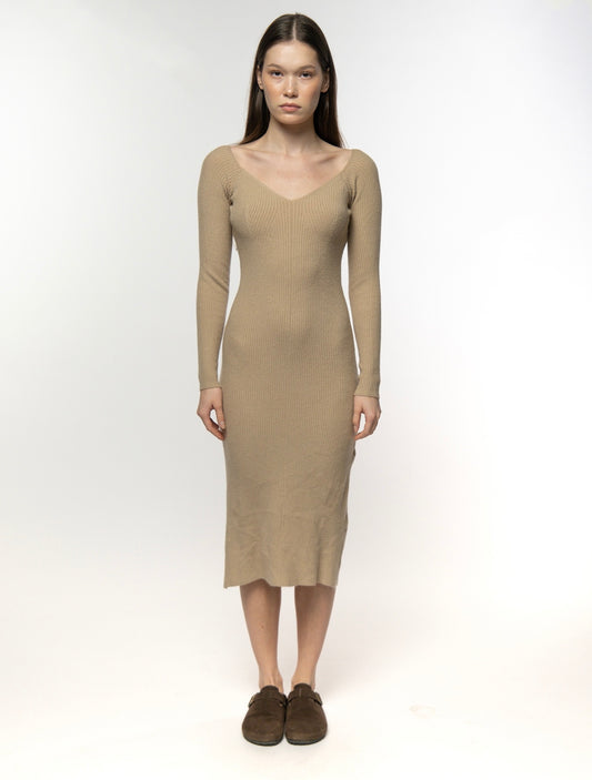 Sand Beige V-neck Ribbed Knit Dress