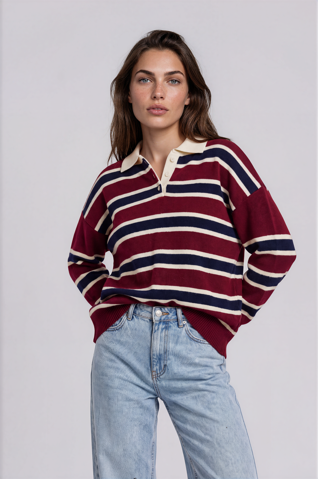 Burgundy Striped Polo Sweater
