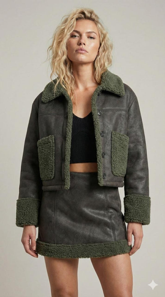 Brown Shearling Jacket & Skirt Set