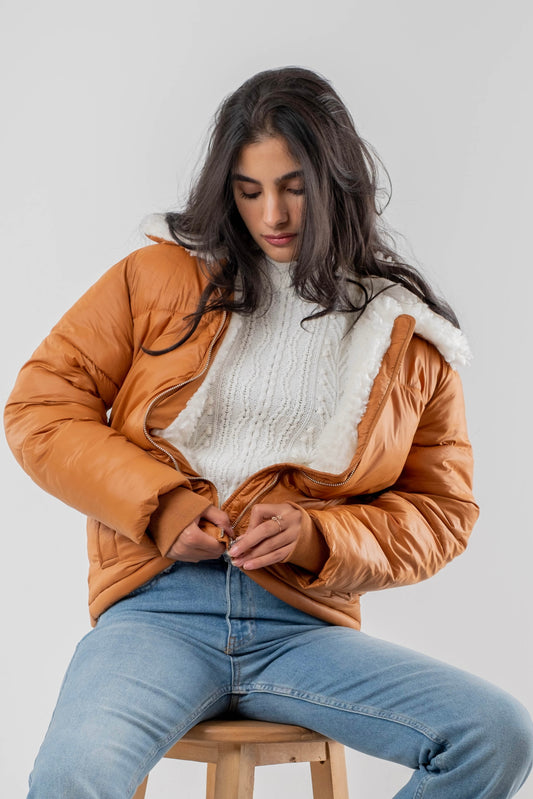 Camel Sherpa Collar Puffer Jacket with Fur Lining