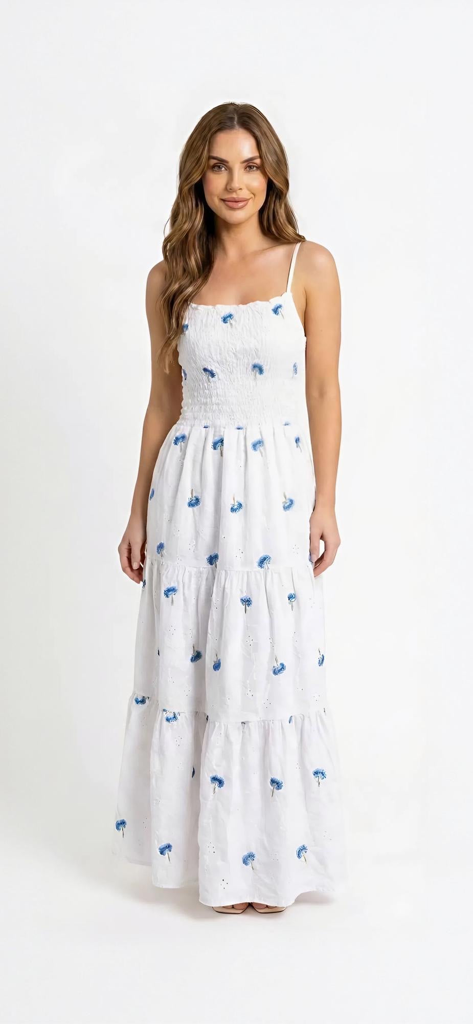 White Frill Smock Dress with Mini Blue Flowers
