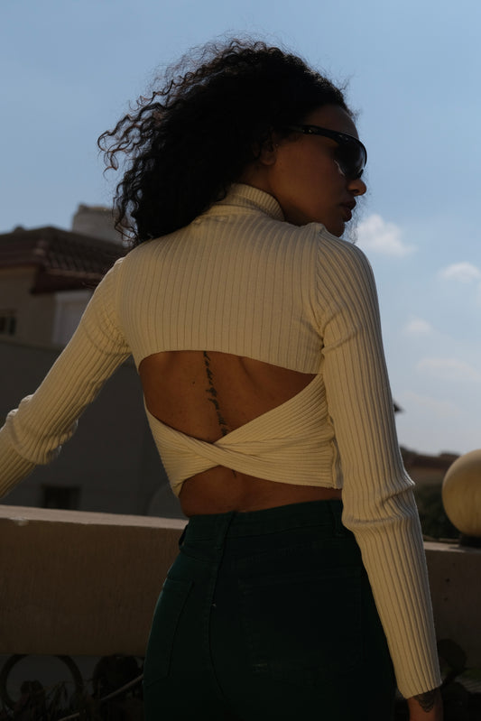 Cream Ribbed Turtleneck Pullover
