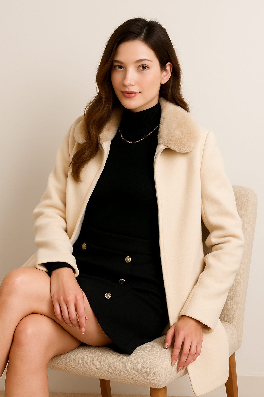 Beige Faux Fur-Collar Zip Coat