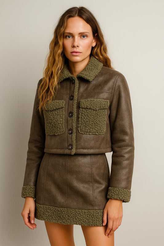 Brown Shearling Jacket & Skirt Set