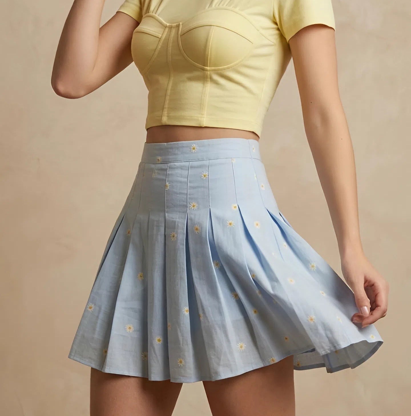 Baby Blue Daisy Pleated Skirt