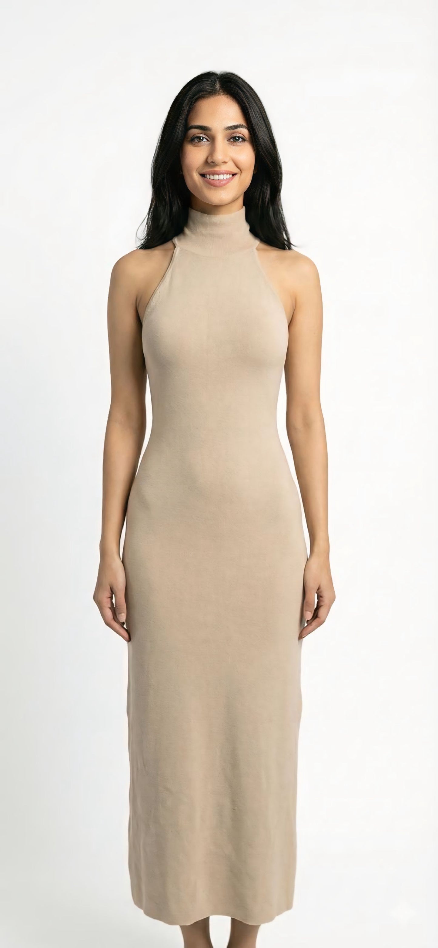 Beige Sleeveless Wool Dress