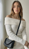White Off-Shoulder Fuzzy Sweater