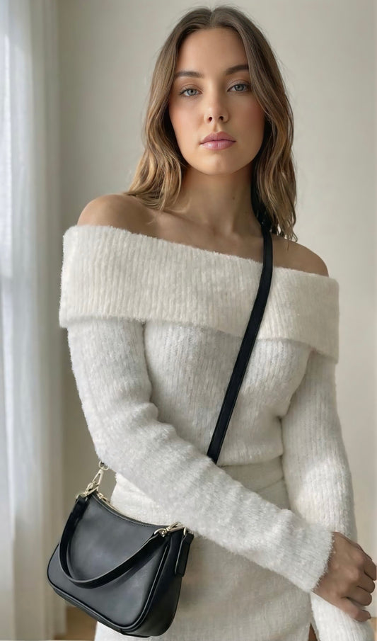 White Off-Shoulder Fuzzy Sweater