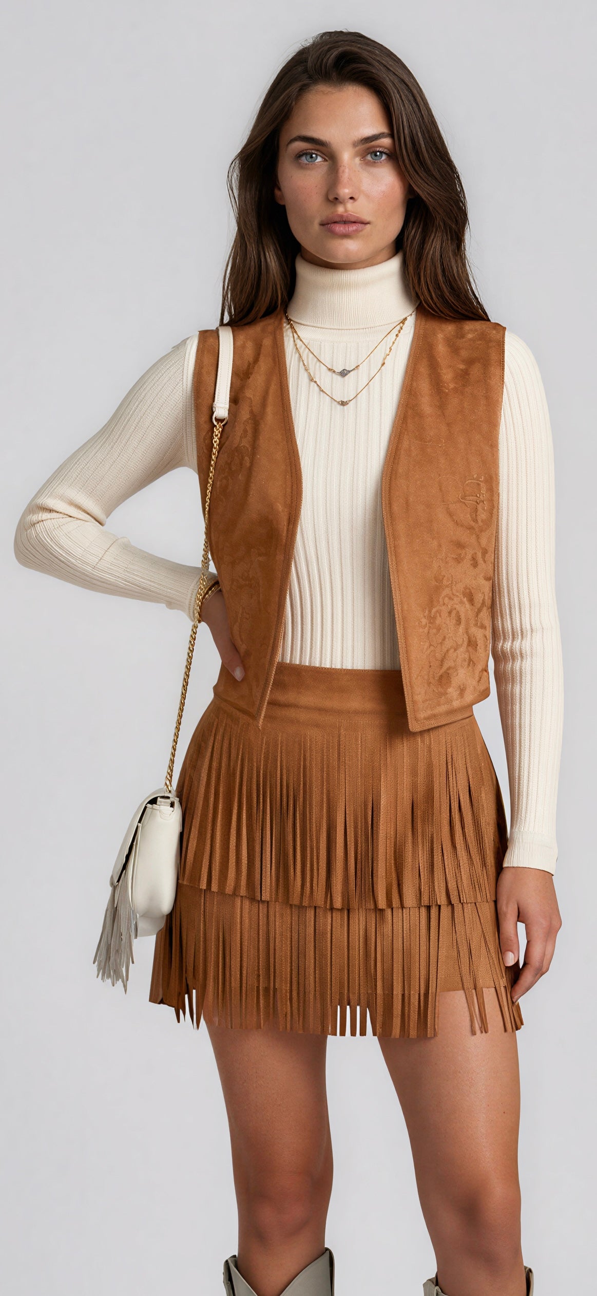 Camel Embroidered Suede Vest