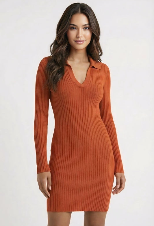 Rust Ribbed Knit Mini Dress
