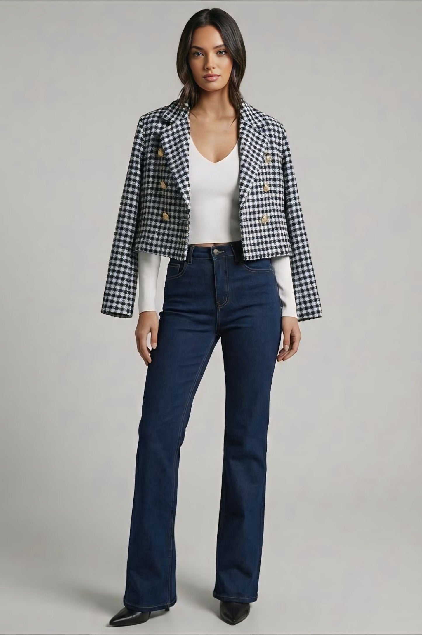 Navy and White Checkered Cropped Blazer