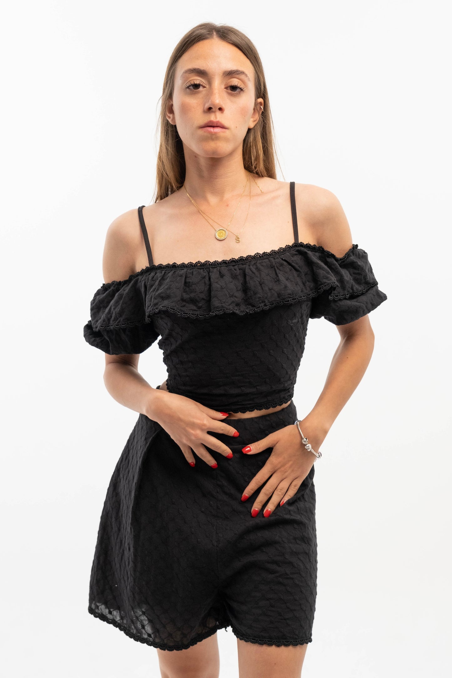 Black Textured Off-Shoulder Set
