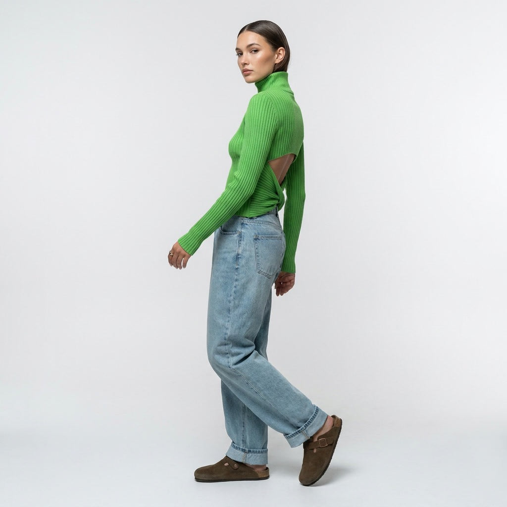 Green Ribbed Cut-Out Sweater