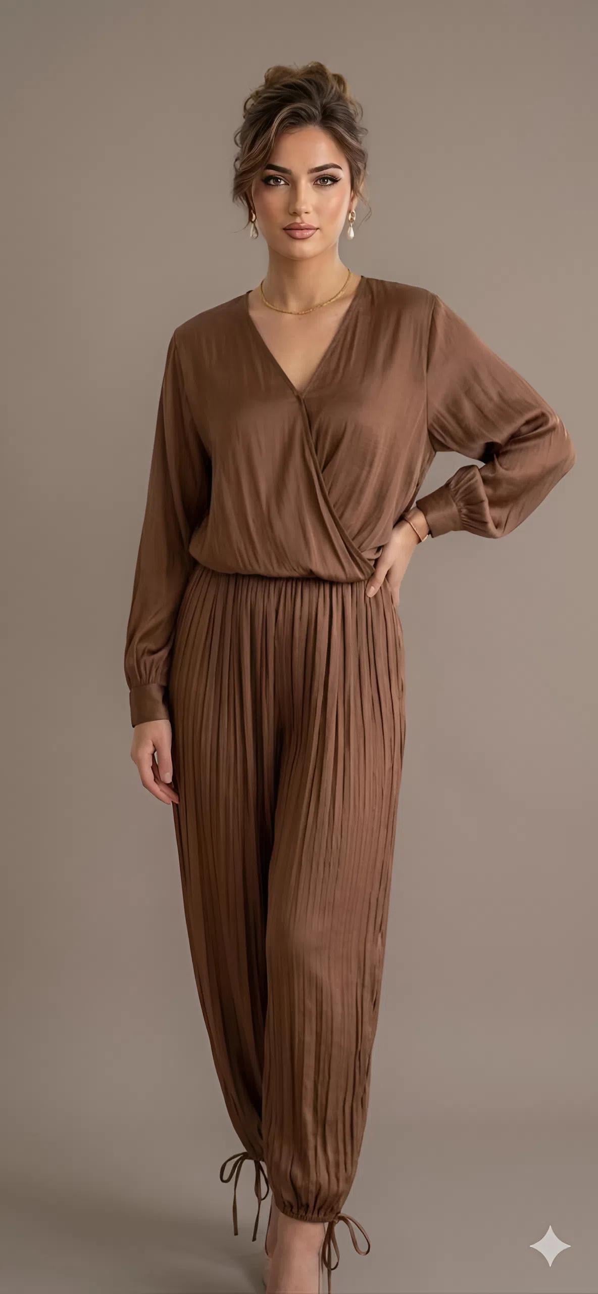 Bronze Satin Blouse & Drawstring Pants Set
