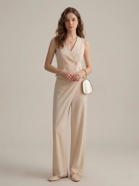 Cream Buttoned Vest & Wrap Pants Set
