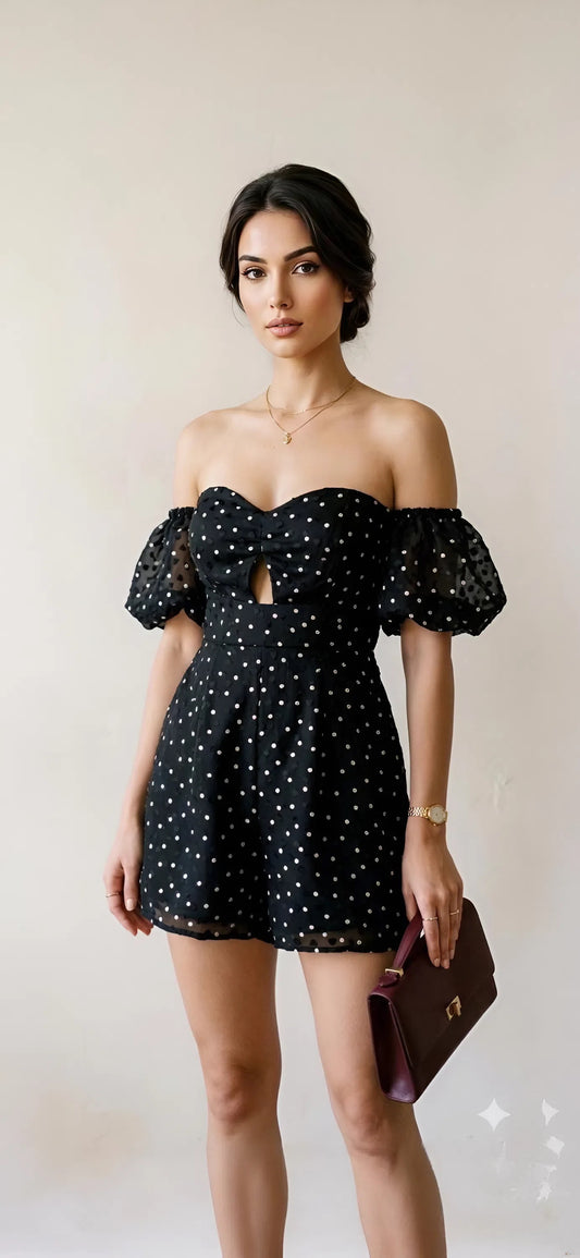 Black Polka Dot Strapless Romper
